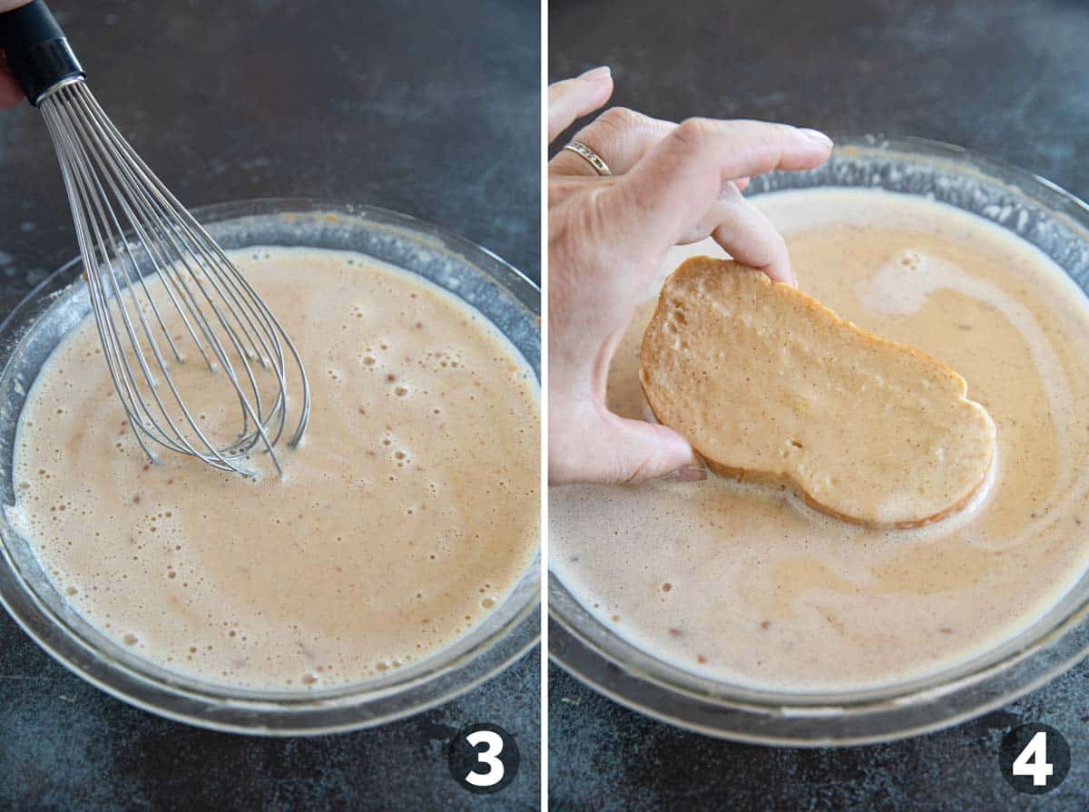 Making French toast custard and dipping bread slices in.