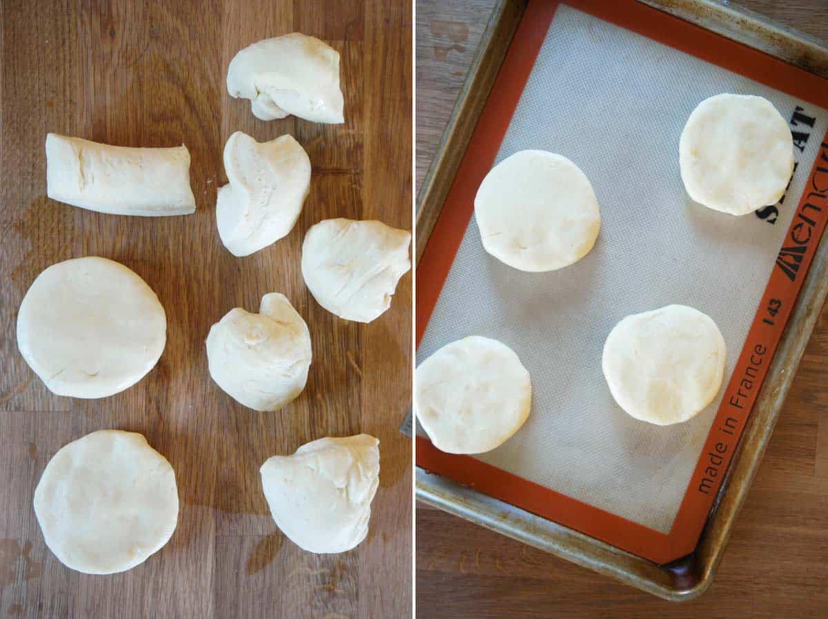 Dividing dough and shaping into hamburger buns.