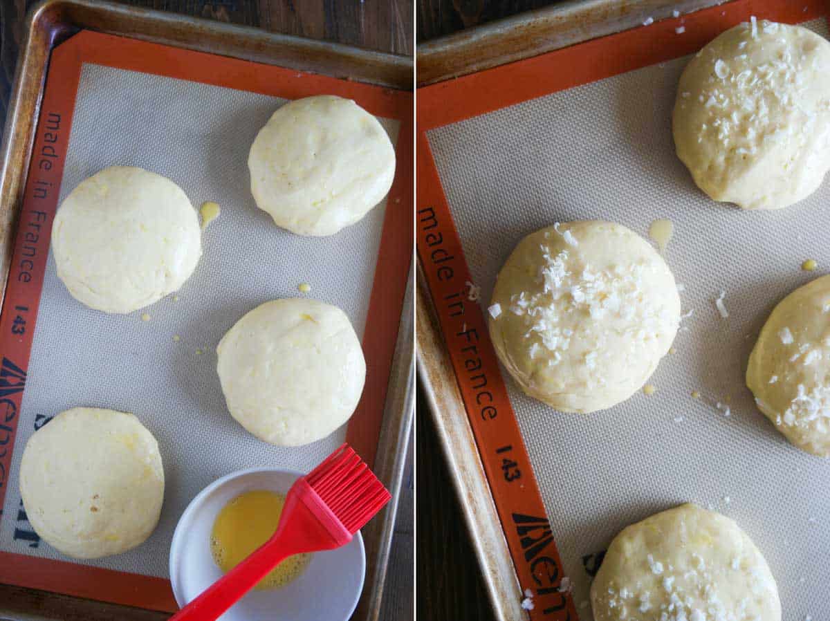 Dough rising and toppings added for garlic parmesan brioche buns.