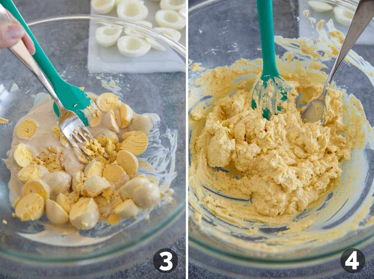 Making filling for Halloween Deviled Eggs.