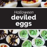 Halloween Deviled Eggs collage with text bar in the middle.