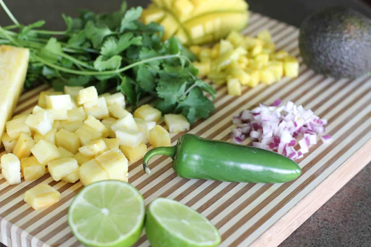 Ingredients for sweet and spicy salsa for Hawaiian Tacos.