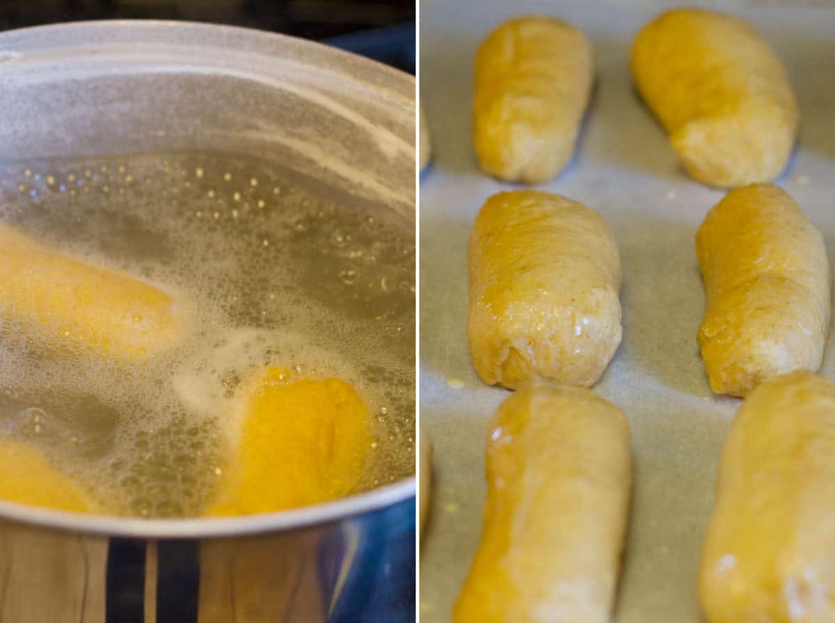 Boiling soft pretzel sticks and putting them on a baking sheet.