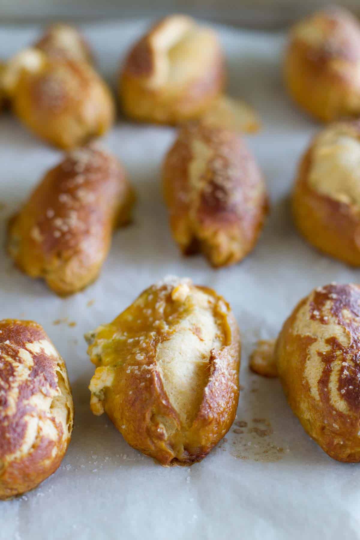 Jalapeno Stuffed Taco Soft Pretzel Sticks on a baking sheet.