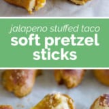 Jalapeno Stuffed Taco Soft Pretzel Sticks collage with text bar in the middle.