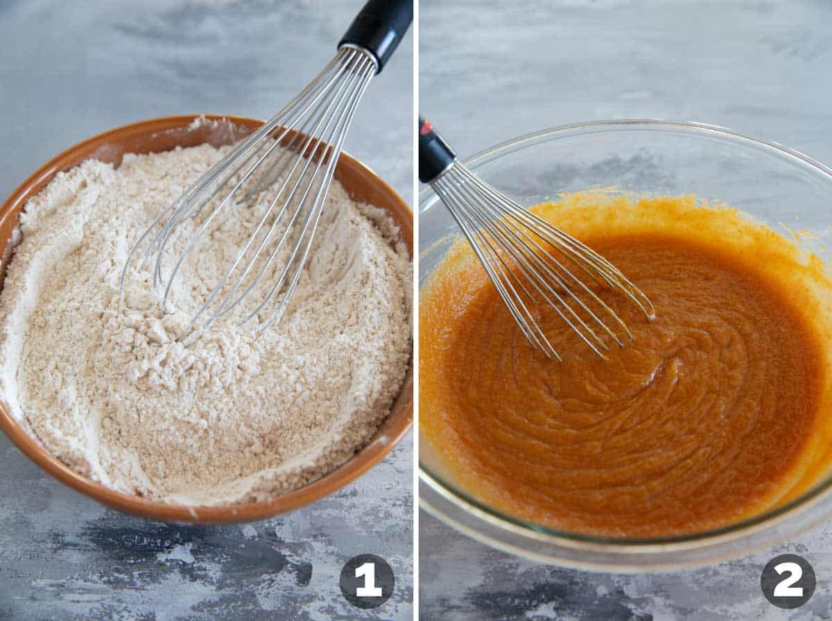 Mixing dry ingredients and wet ingredients for loaded caramel pumpkin blondies.