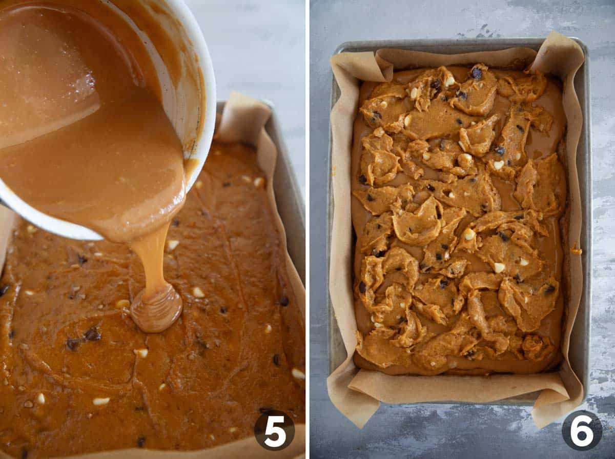 Pouring caramel over pumpkin blondies, then adding a top layer of blondie batter.