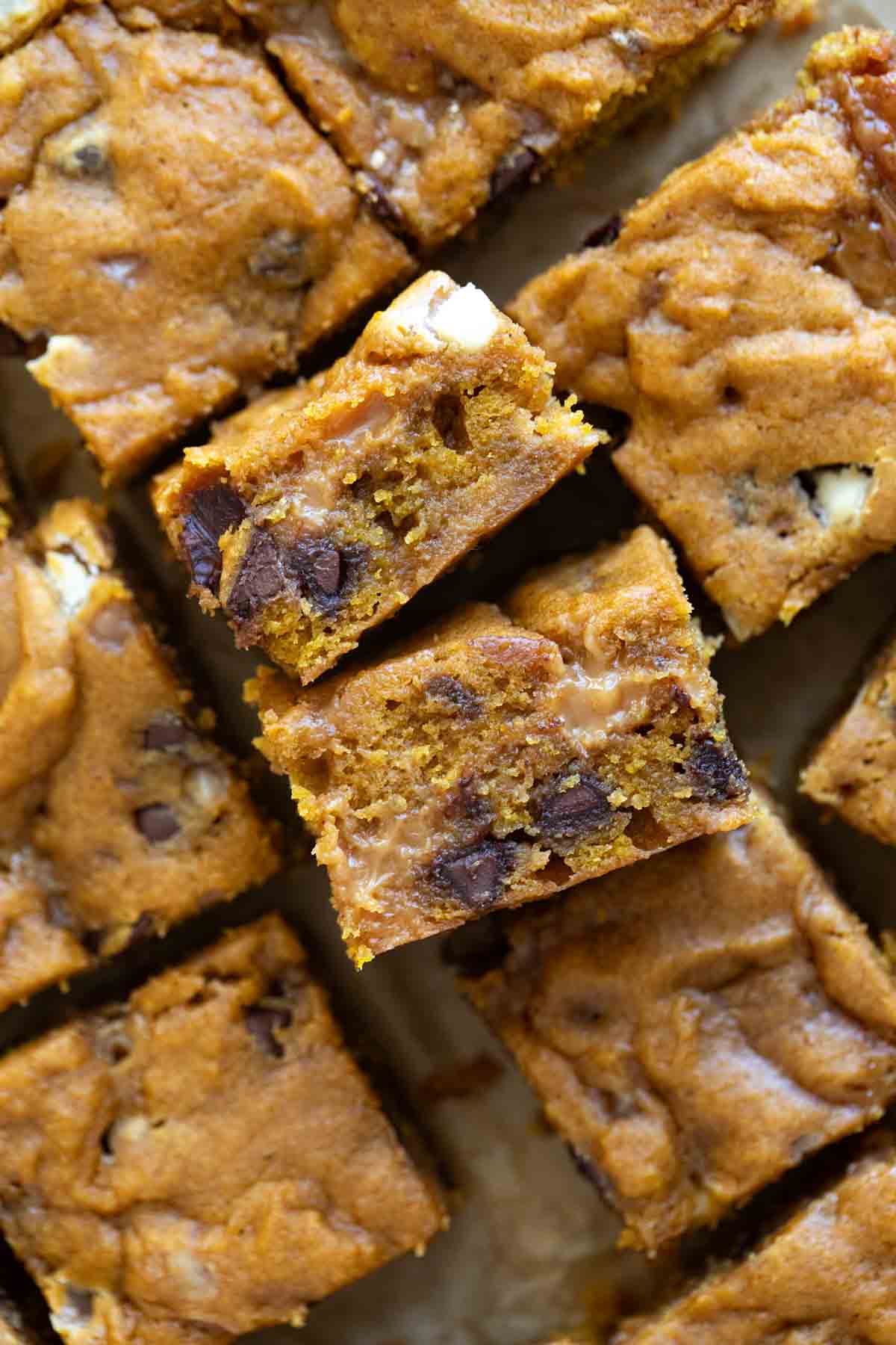 Loaded Caramel Pumpkin Blondies turned on their side to show texture.