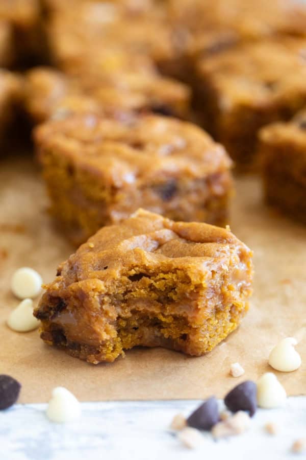 Loaded Caramel Pumpkin Blondie with a bite taken from it.