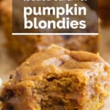 Loaded Caramel Pumpkin Blondies with text overlay.