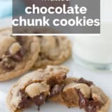 Malted Chocolate Chunk Cookies with text overlay.