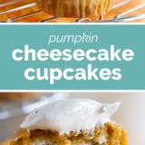 Pumpkin Cheesecake Cupcakes collage with text bar in the middle.