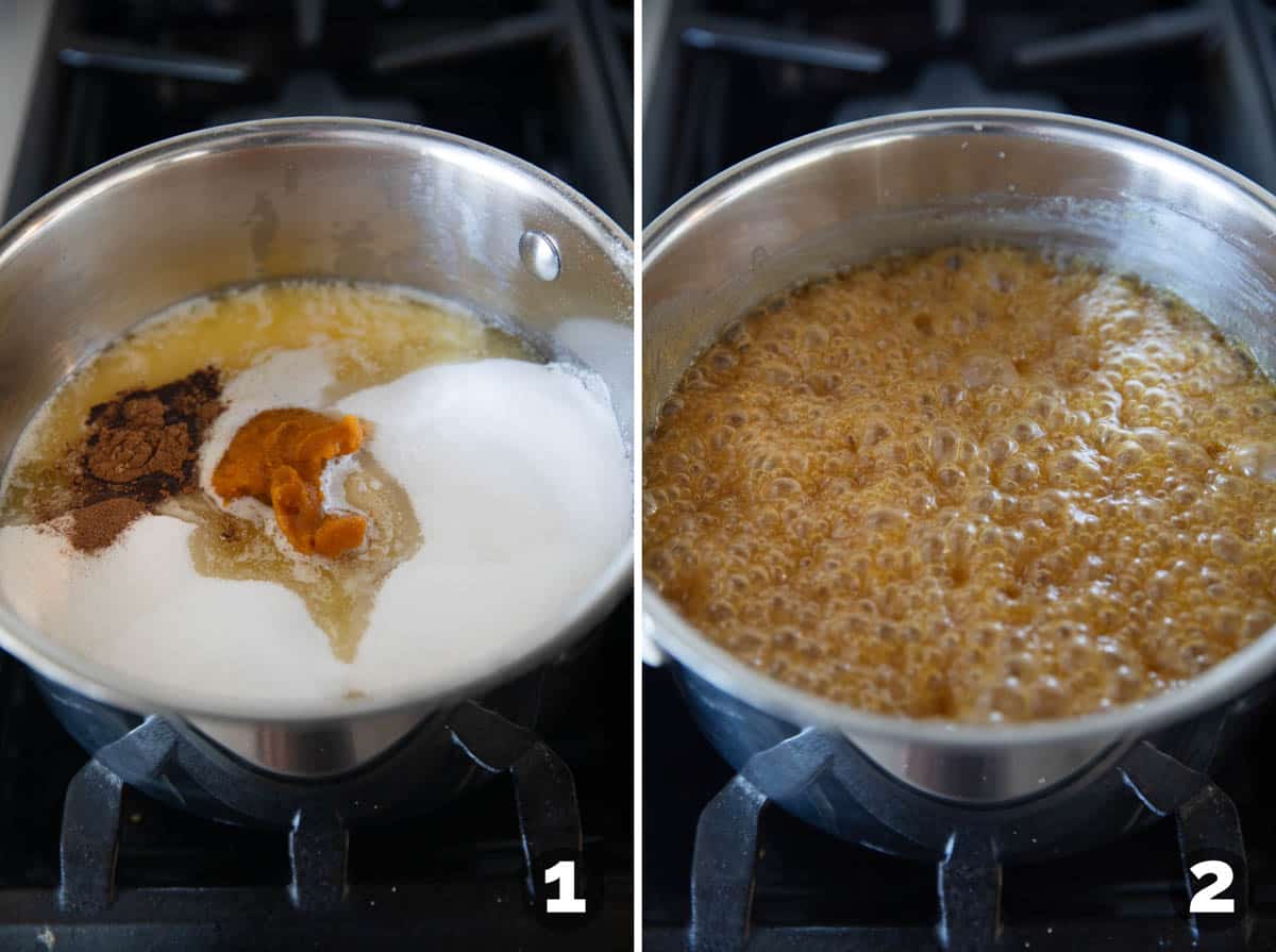 Mixing ingredients together for pumpkin fudge and bringing it to a boil.