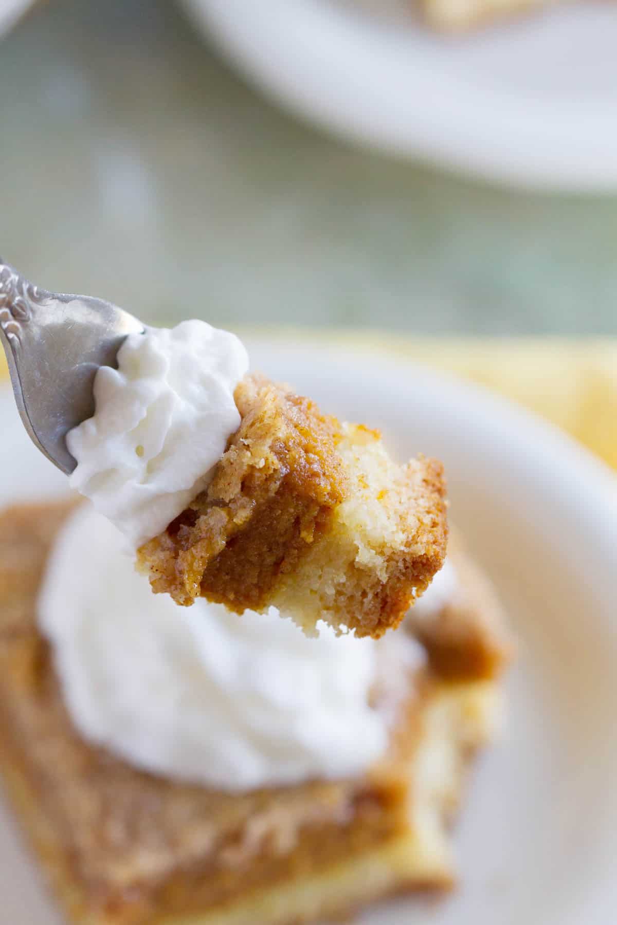 Bite of Pumpkin Pie Cake on a fork.