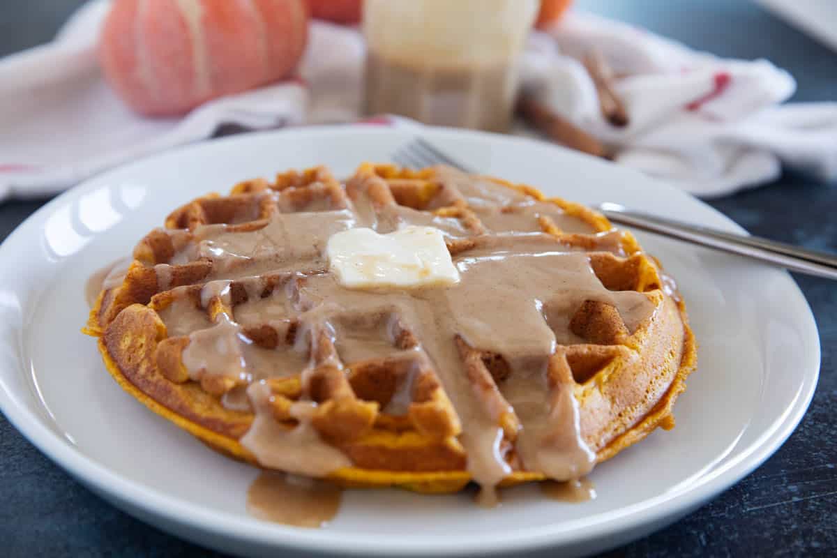 Pumpkin Waffles, serve with butter and cinnamon syrup.