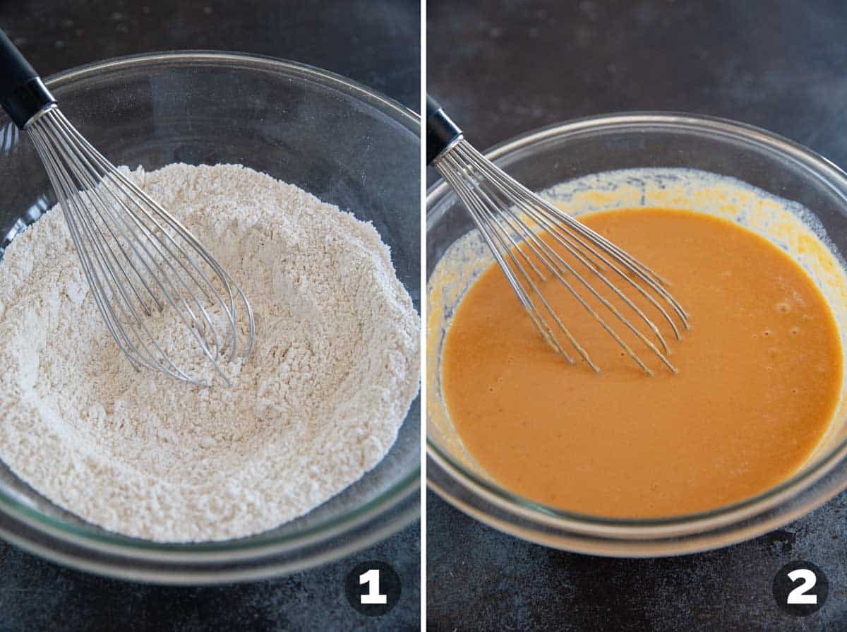 Mixing dry ingredients and mixing wet ingredients for pumpkin waffles.