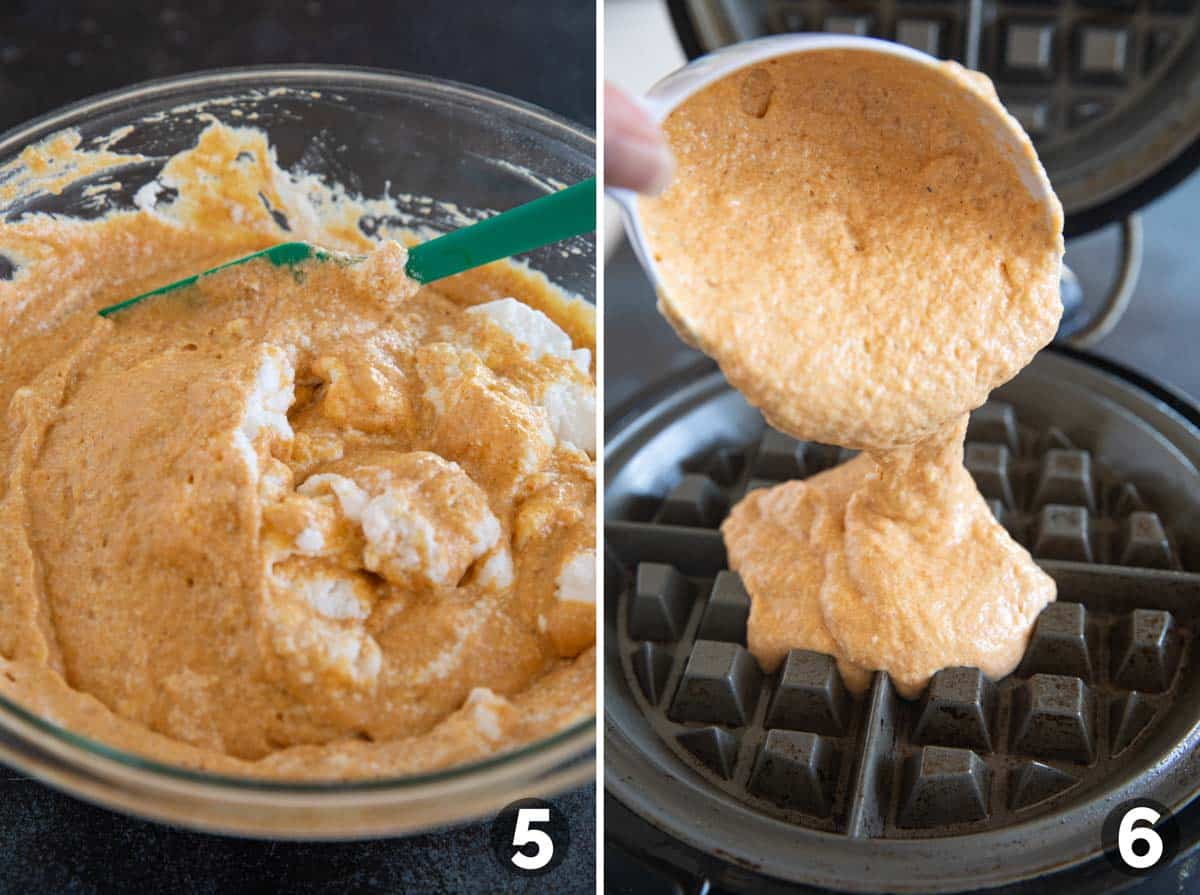 Mixing egg whites into pumpkin waffle batter, and cooking batter in a waffle maker.