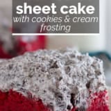 Red Velvet Sheet Cake with Cookies and Cream Frosting with text overlay.