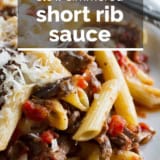 Slow Simmered Short Rib Sauce with Pasta with text overlay.