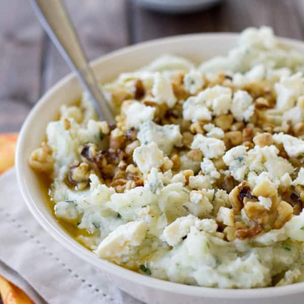 Shallow bowl with Blue Cheese and Walnut Mashed Potatoes.