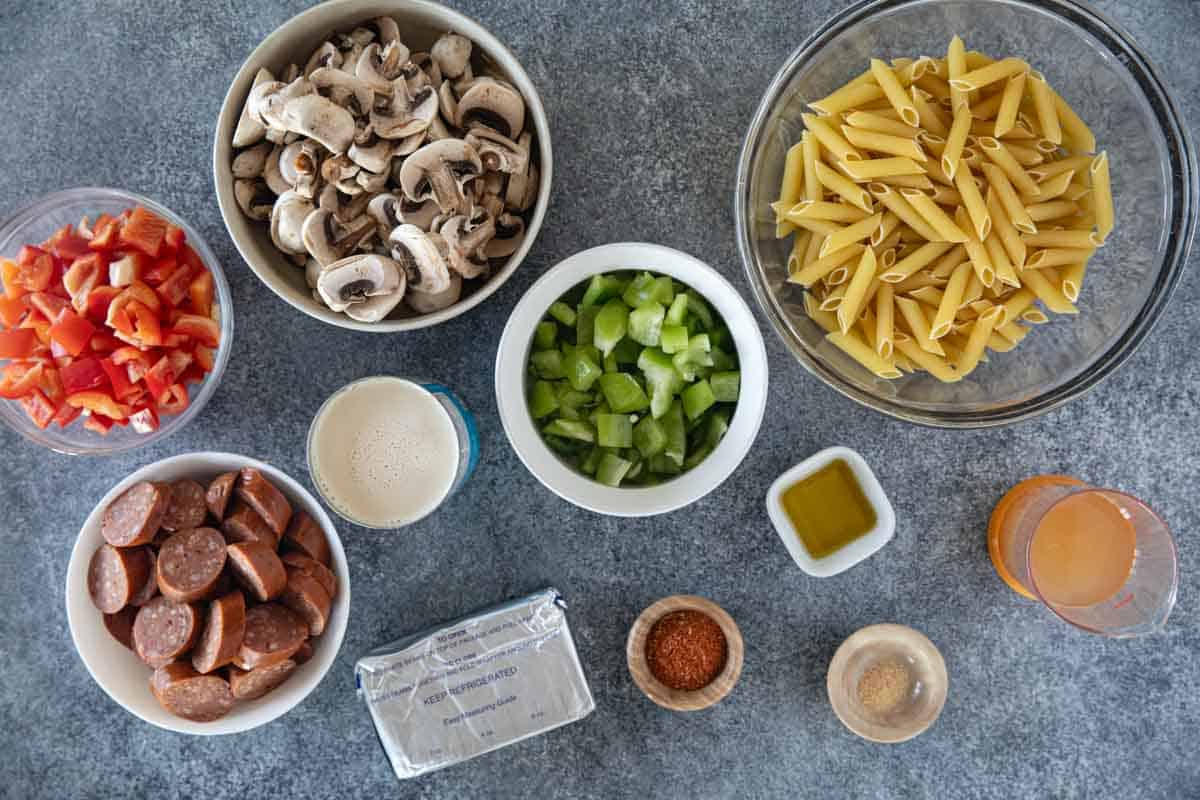 Ingredients for Cajun Sausage Pasta.