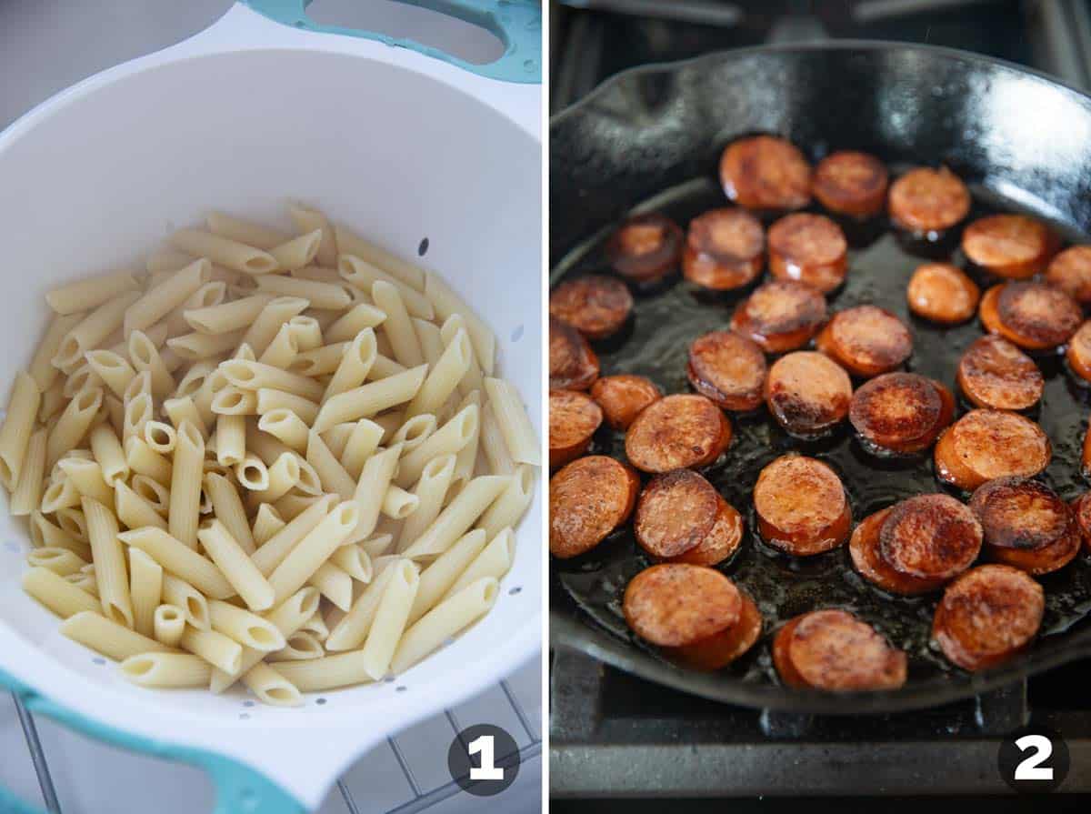 Cooking pasta and browning sausage in a skillet.