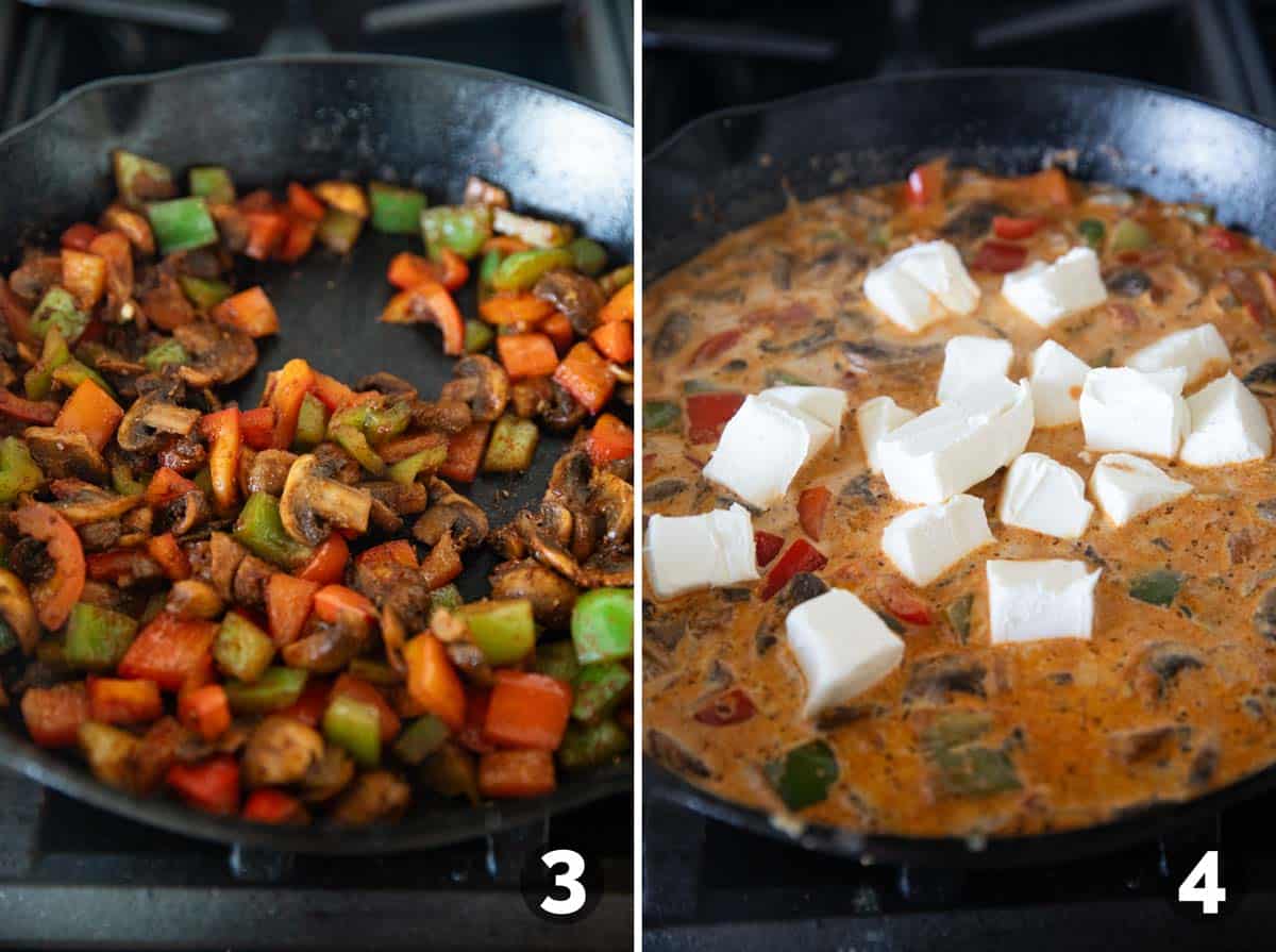 Cooking vegetables with cajun seasoning, then making sauce for pasta.