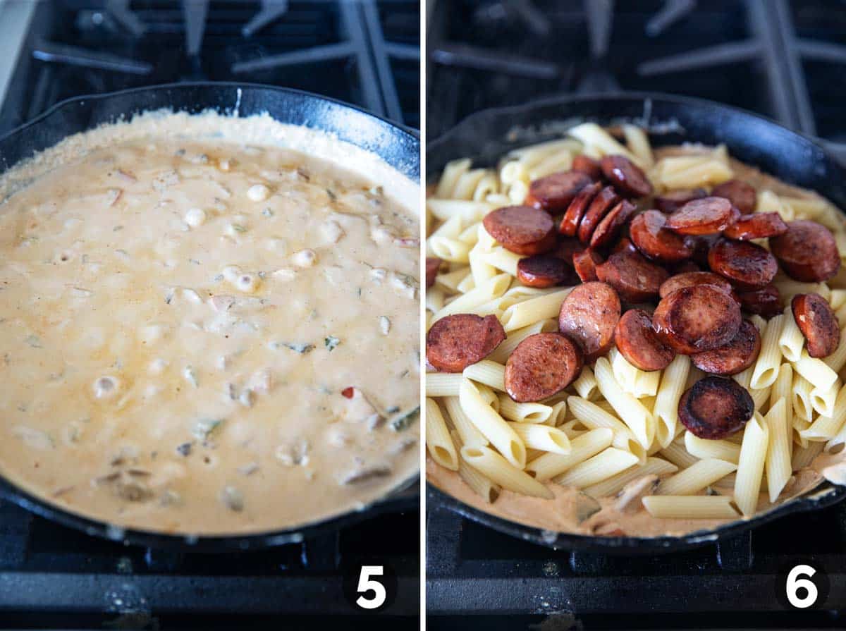 Finishing sauce for Cajun sausage pasta, then adding pasta and sausage to finish.