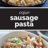 Cajun Sausage Pasta collage with text bar in the middle.