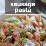 Cajun Sausage Pasta with text overlay.