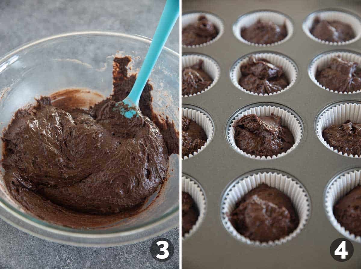 Cake mix muffin batter, and batter in muffin tins.