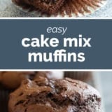 Cake Mix Muffins collage with text bar in the middle.