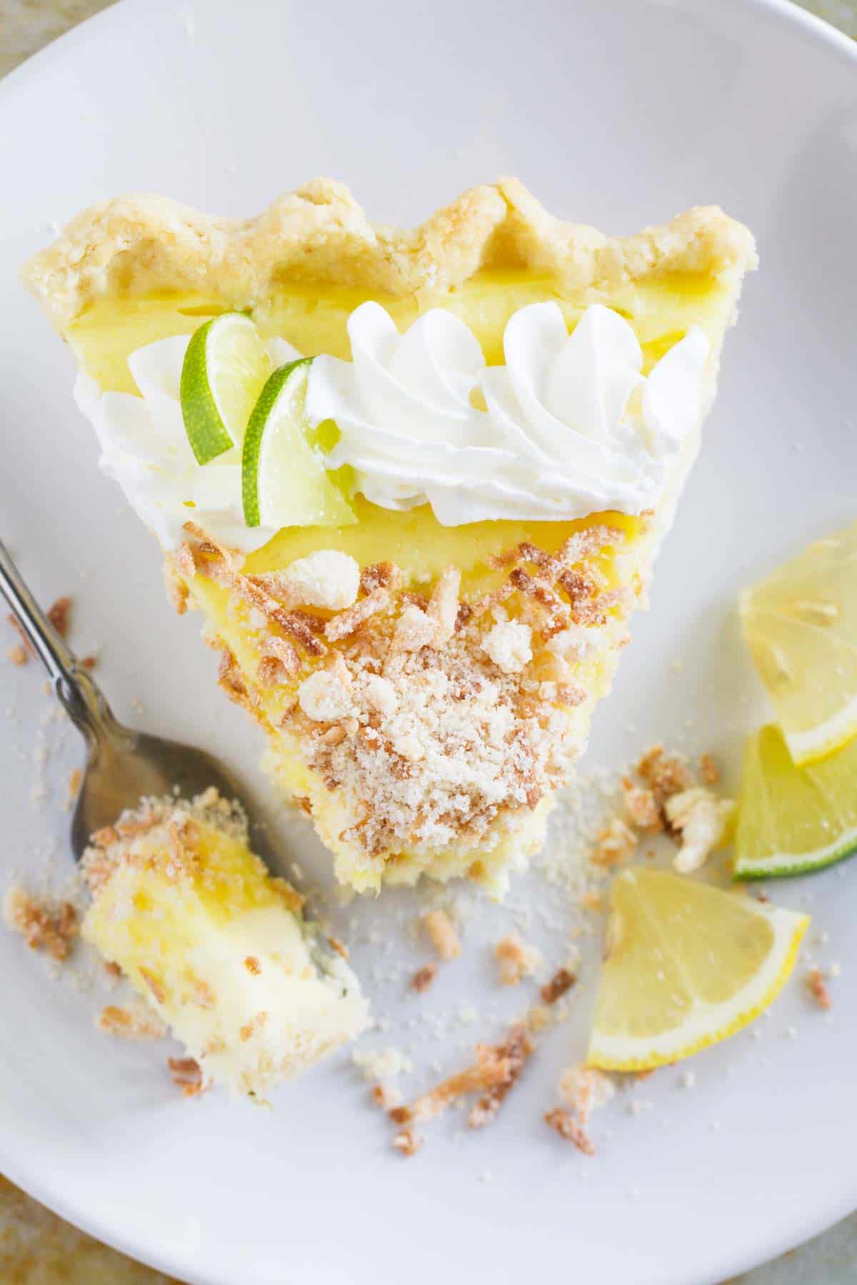 Top view of Caribbean Truffle pie with a bite taken from it.