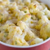 Baking dish filled with Cheddar Cauliflower Gratin topped with breadcrumbs.