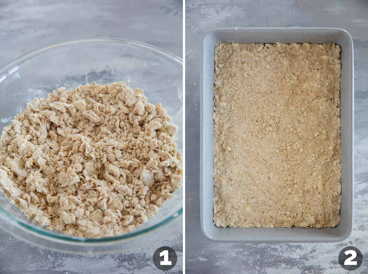 Crust and topping for Cranberry Cheesecake Bars, made from oats, butter, and flour.