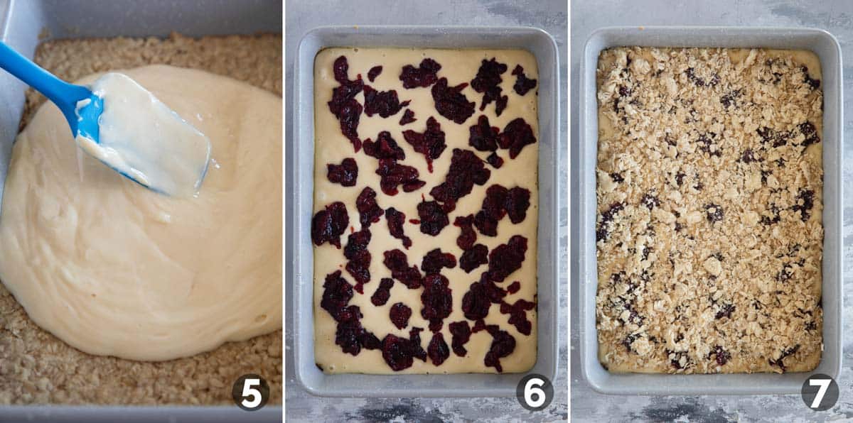 Assembling Cranberry Cheesecake Bars by adding cheesecake layer, cranberry layer, and crumb topping.