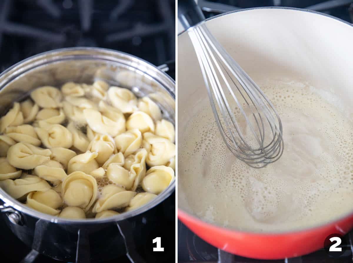 Boiling tortellini, and making a roux for creamy tortellini soup.