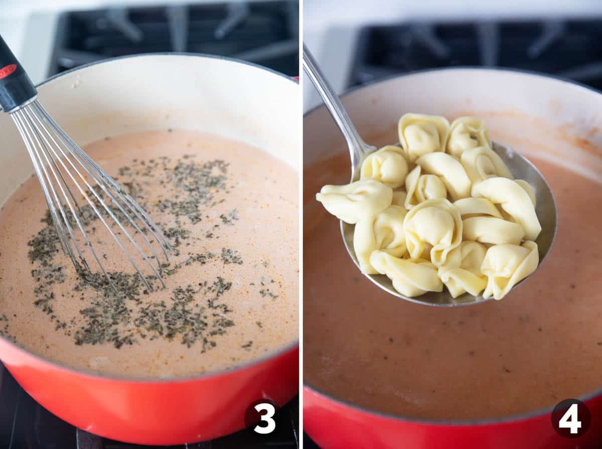 Mixing ingredients and adding tortellini for creamy tortellini soup.