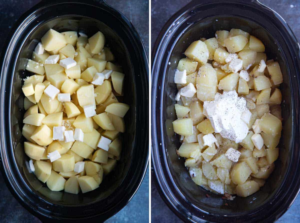 Crockpot Mashed Potatoes before and after cooking.