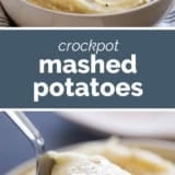 Crockpot Mashed Potatoes collage with text bar in the middle.