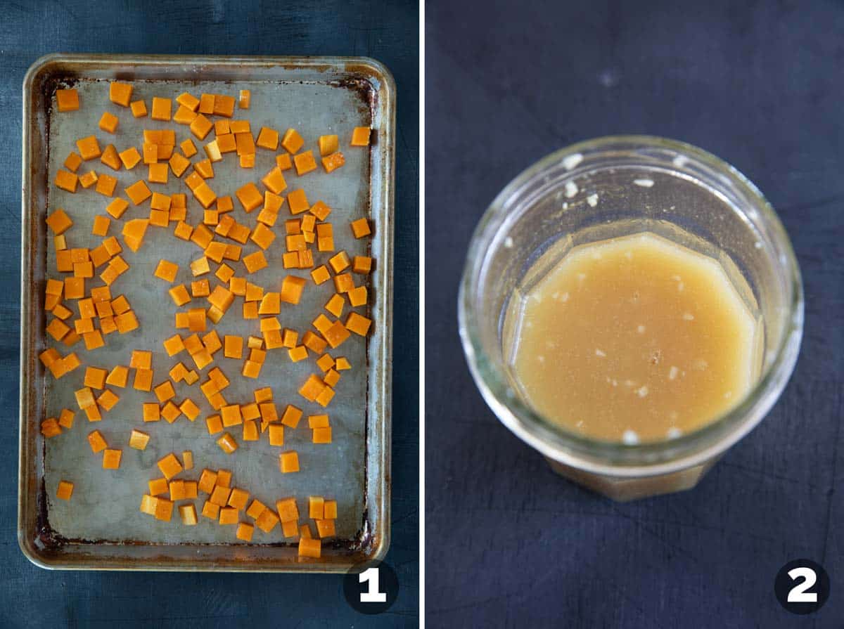 Roasting butternut squash on a baking sheet, and making apple cider vinegar vinaigrette in a jar.