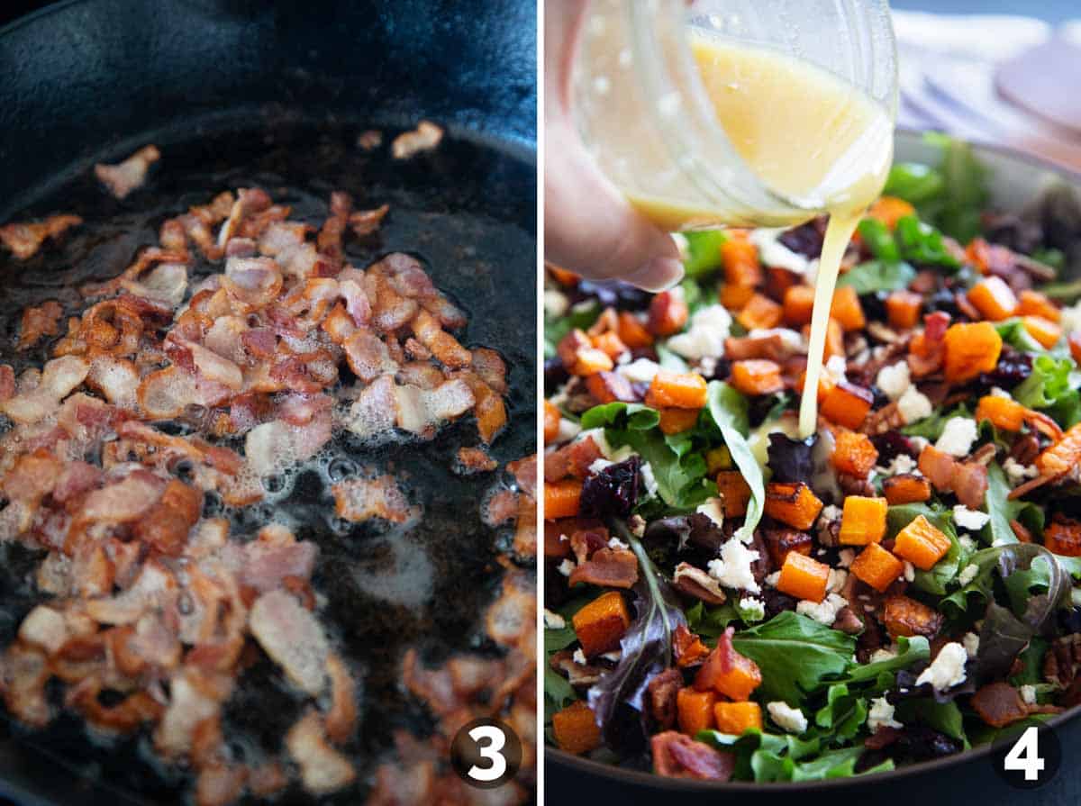 Cooking bacon in a skillet and adding dressing to a salad.