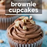 Hazelnut Brownie Cupcakes with Hazelnut Buttercream with text overlay.