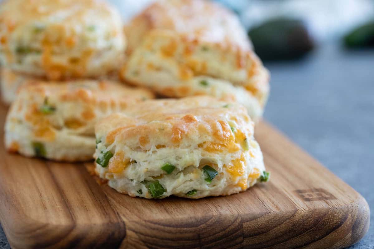 Jalapeno Cheddar Biscuits on a board.