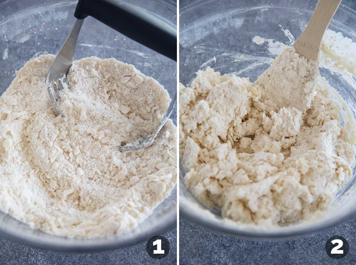 Mixing ingredients together for Jalapeno Cheddar Biscuits.