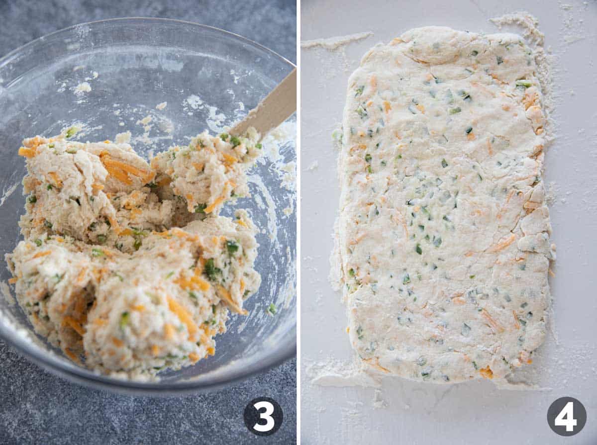 Mixing dough and rolling out for jalapeno cheddar biscuits.