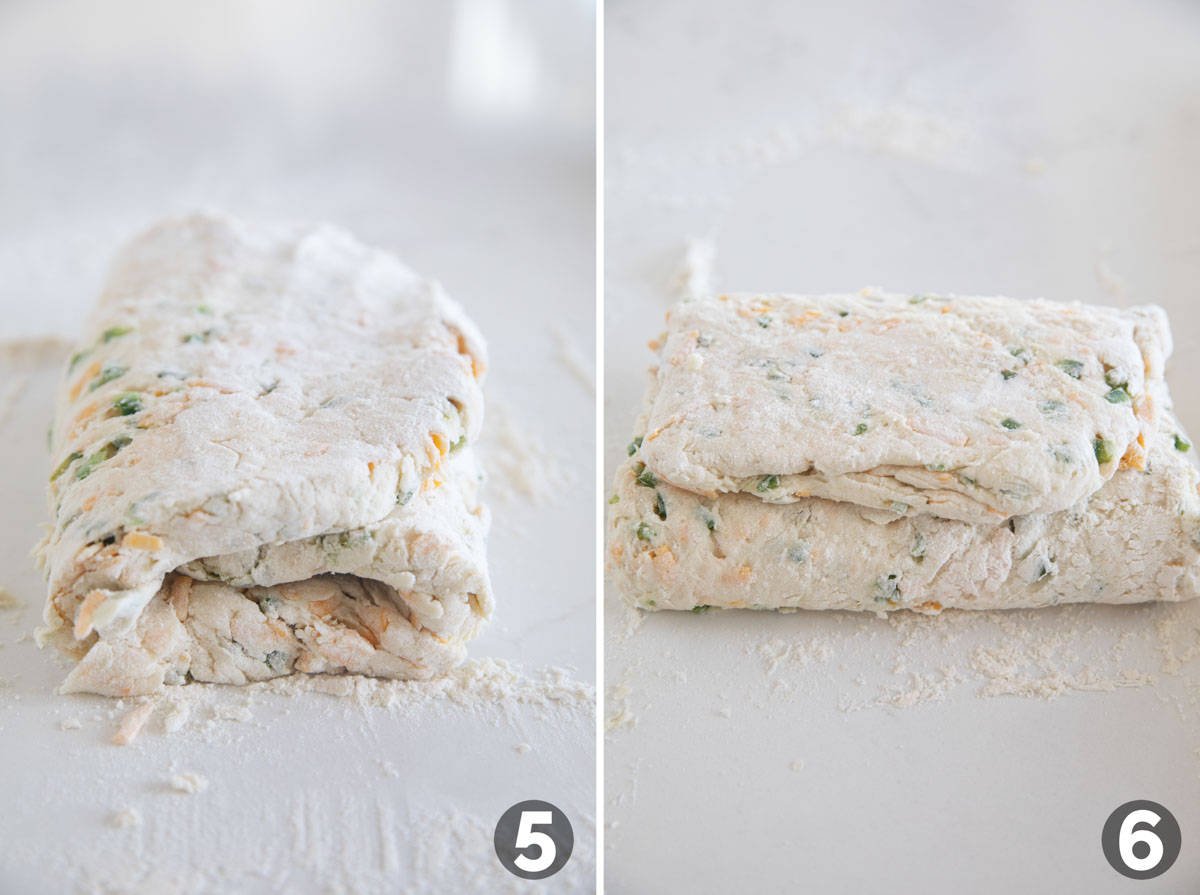 Foldling biscuit dough for Jalapeno Cheddar Biscuits.