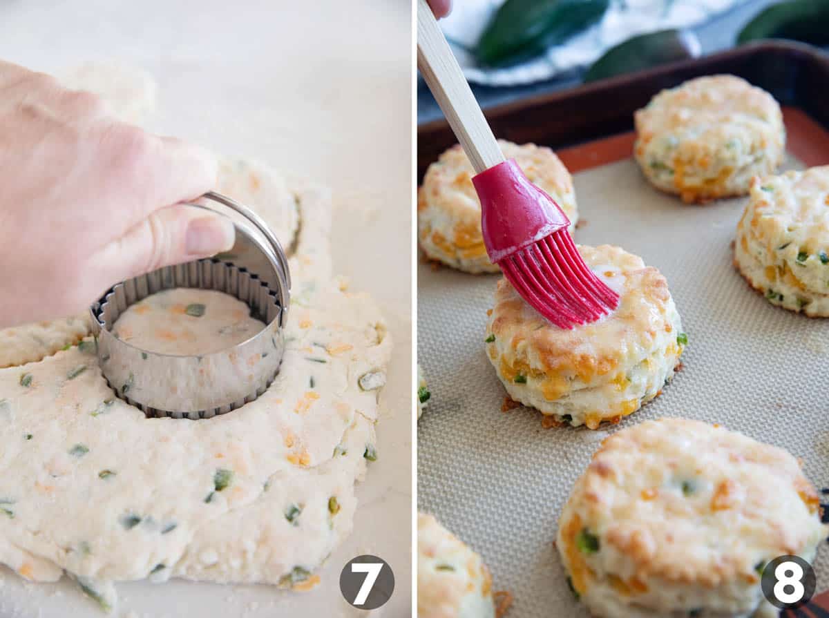 Cutting biscuit dough and brushing butter on top of baked biscuits.