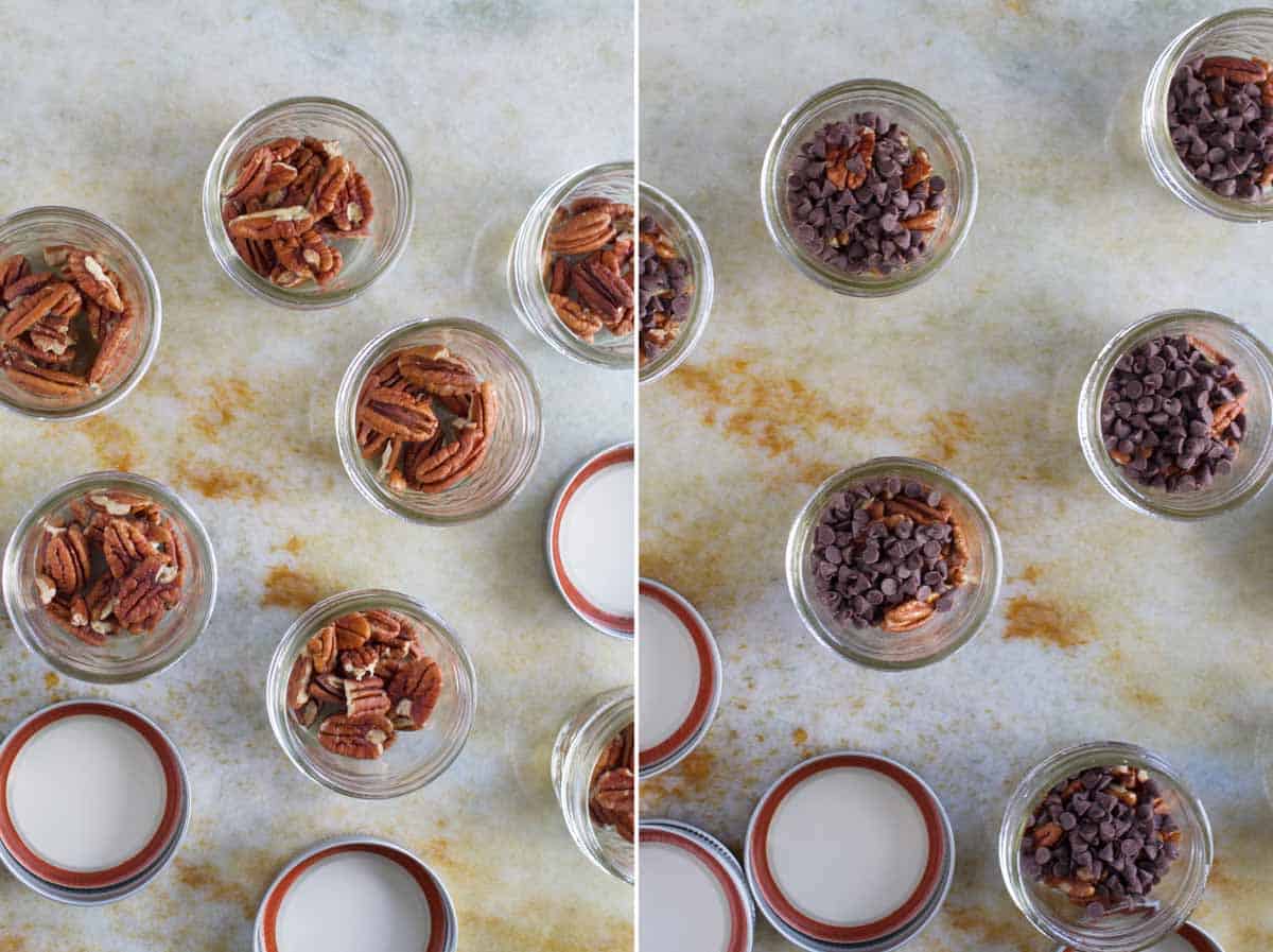 Layering ingredients for Mini Chocolate Pecan Pie in a Jar.