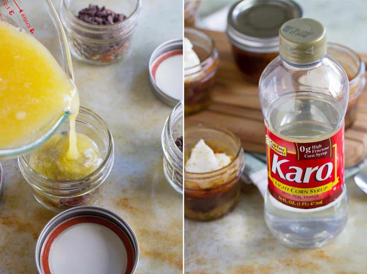 Making mini chocolate pecan pie in a jar with Karo syrup.